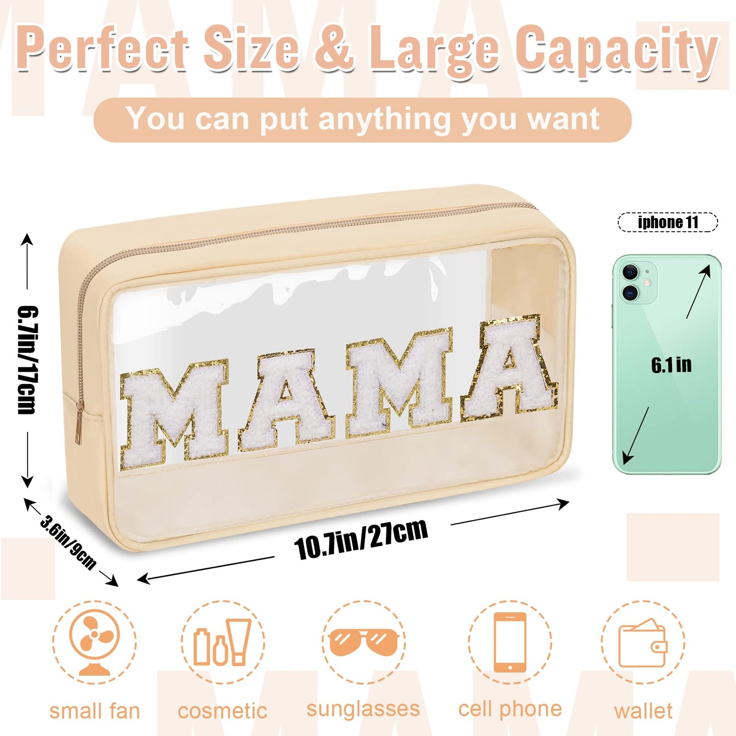 Chenille Letter Clear Makeup Bags Mama Pouch, Preppy Patch Makeup Bag with Zipper, Transparent PVC & Nylon Waterproof Portable Glitter Cosmetic Bag Travel Toiletry Storage for Women Girls(MAMA-Beige)