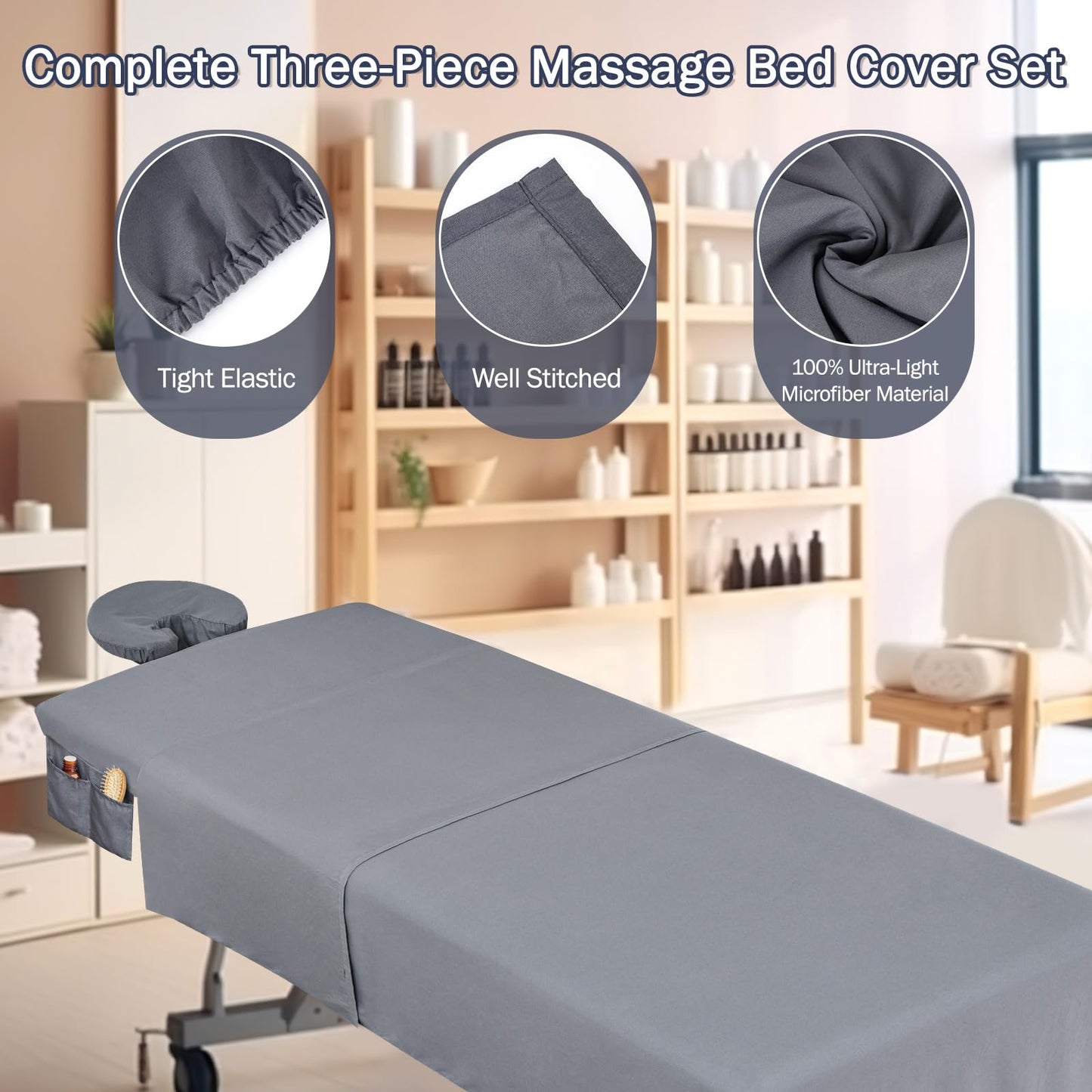 18Pcs Microfiber Massage Table Sheets Set, 6Sets Massage Sheet Set with Storage Pocket Include Massage Table Cover, Massage Fitted Sheet, Massage Face Rest Cover for Beauty Salon Spa Hair Salon (Grey)