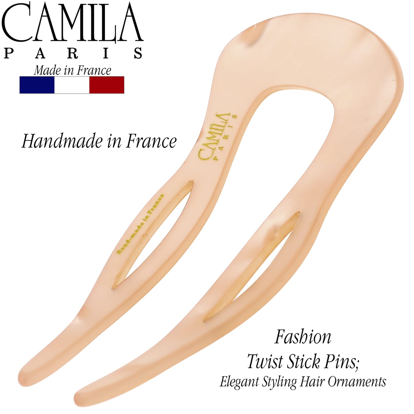 Camila Paris CP3416 French Twist Stick Clip Pins, Peach, Wavy Hair Pin U-Shaped Hair Fork for Girls Spiral Updo Chignon Bun Holder, Fashion Flexible Styling Hair Accessories for Women, Made in France