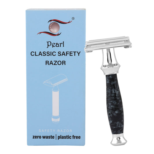 Pearl Shaving Double Edge Safety Razor (SS-95 Marble Black) | Proudly Made In India | Brass Metal With Premium Chrome Plating | Classic And Traditional Safety Razor | Butterfly Safety Razor | 10 Platinum Coated Double Edge Safety Razor Blade Refills