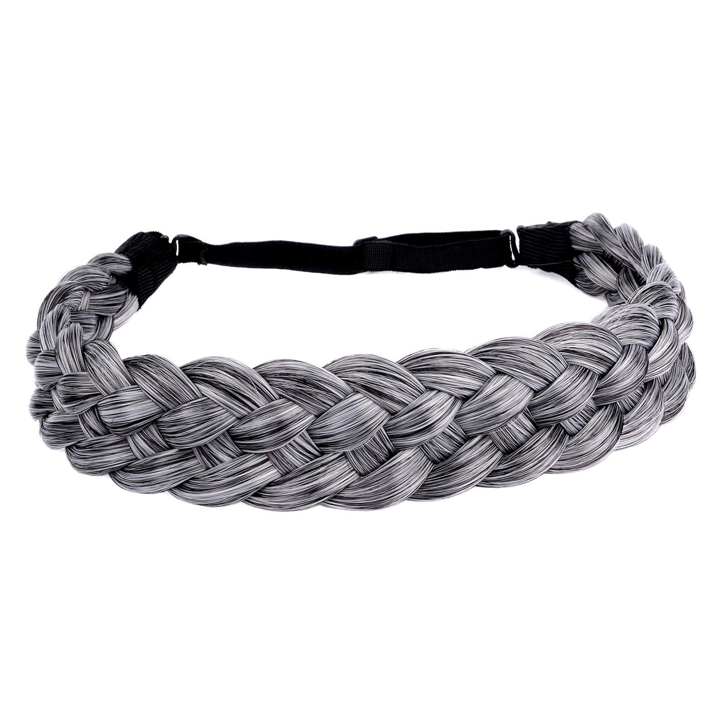 BOBIYA 5 Strands Synthetic Hair Braided Headband Classic Chunky Wide Plaited Braids Elastic Stretch Hairpiece for Women Girl (Dark Gray)