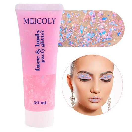 MEICOLY Chameleon Baby Pink Body Glitter,Pink Turn to Purple Face Glitter Paint,Color Changing Mermaid Face Glitter Gel,Chunky Glitter Sequin for Face Body Hair,Festival Party Glitter Makeup,50ml