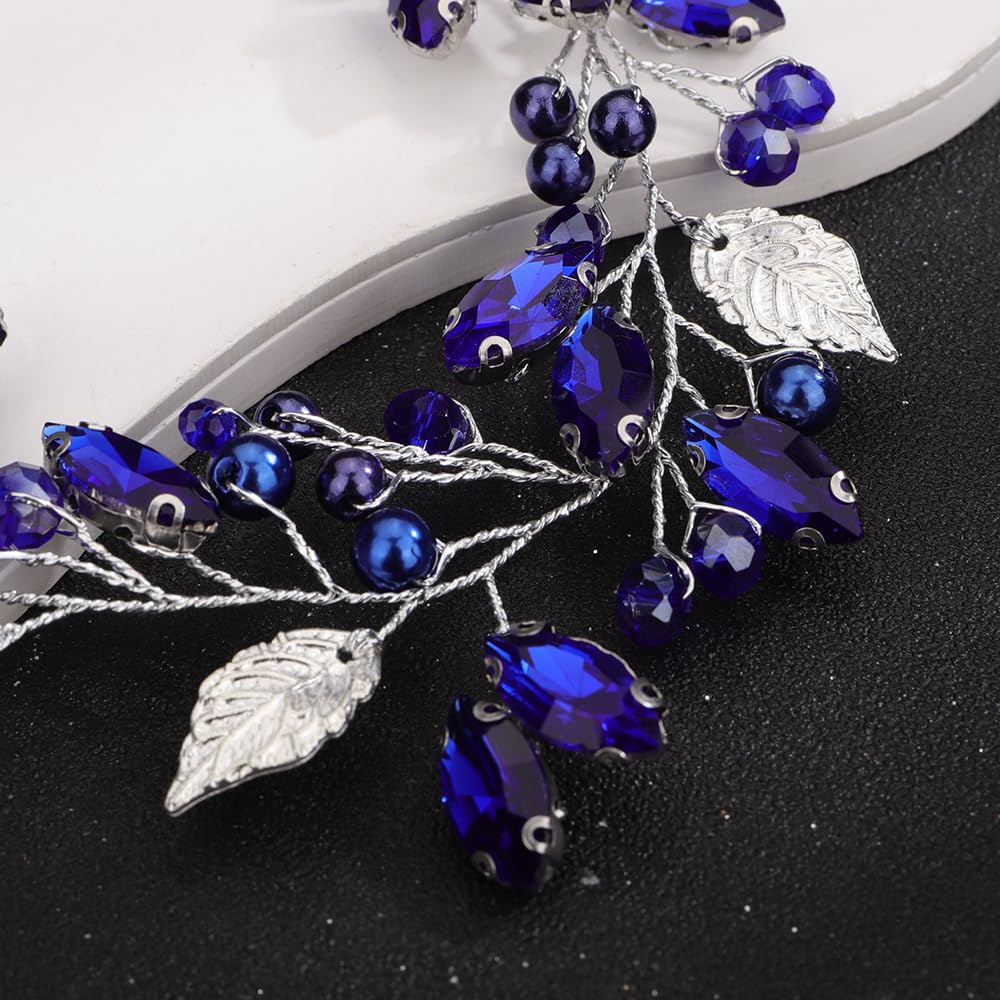 Teyglen Crystal Bride Wedding Hair Vine Bridal Silver Leaf Blue Crystal Headband Handmade Blue Red Black Rhinestone Pearl Hair Pieces Headpieces Hair Accessories for Bride Women Girls (Blue)