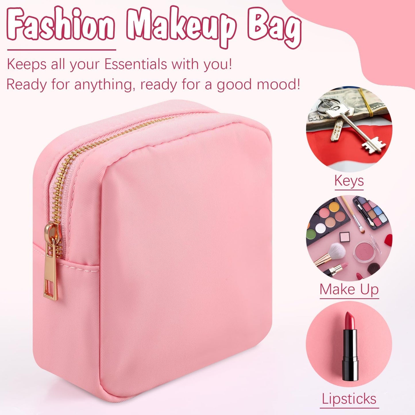 YESMET Nylon Makeup Bag, Small Makeup Bag for Purse Travel Cosmetic Pouch with Zipper, Waterproof Toiletry Bag Personalized Make Up Bag, Ideal Gifts for Girlfriend, Women, Teen Girls (Deep Pink)