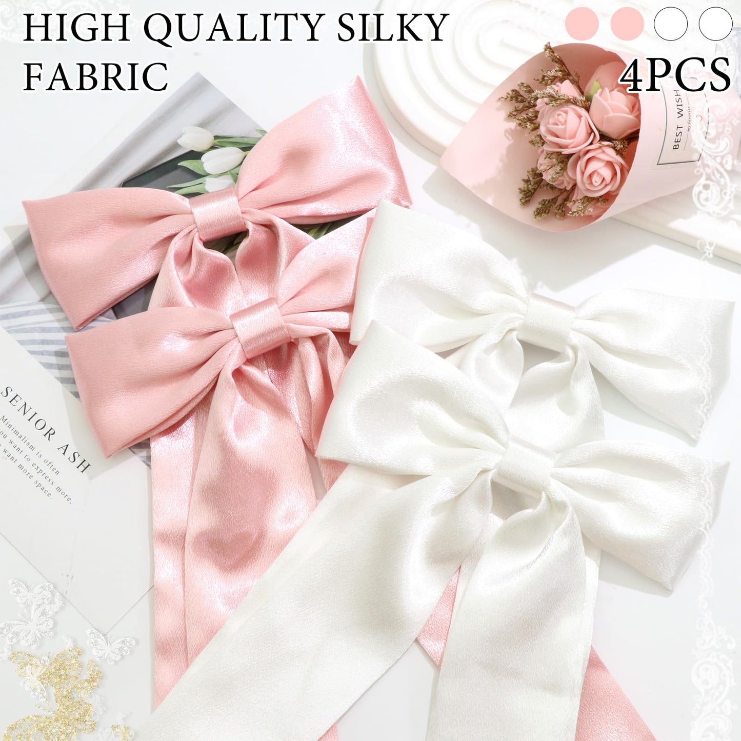 SAWINDA Solid Silky Satin Hair Bows for Women Wedding Party Pink Bow Hair Ribbon Clip with Long Tail White Hair Ribbon Ponytail Holder Accessories Slides Metal Clips Hair Bow for Women Girls