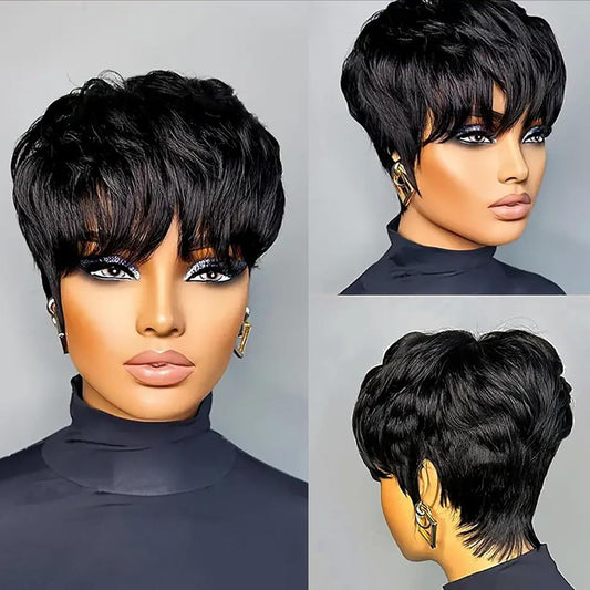 VRZ Pixie Cut Wigs for Black Women Natural 1B Color Short Layered Pixie Cut Wigs For Women Brazilian Virgin Human Hair Wigs Glueless Wigs Full Machine Made Wigs Black 1B Color