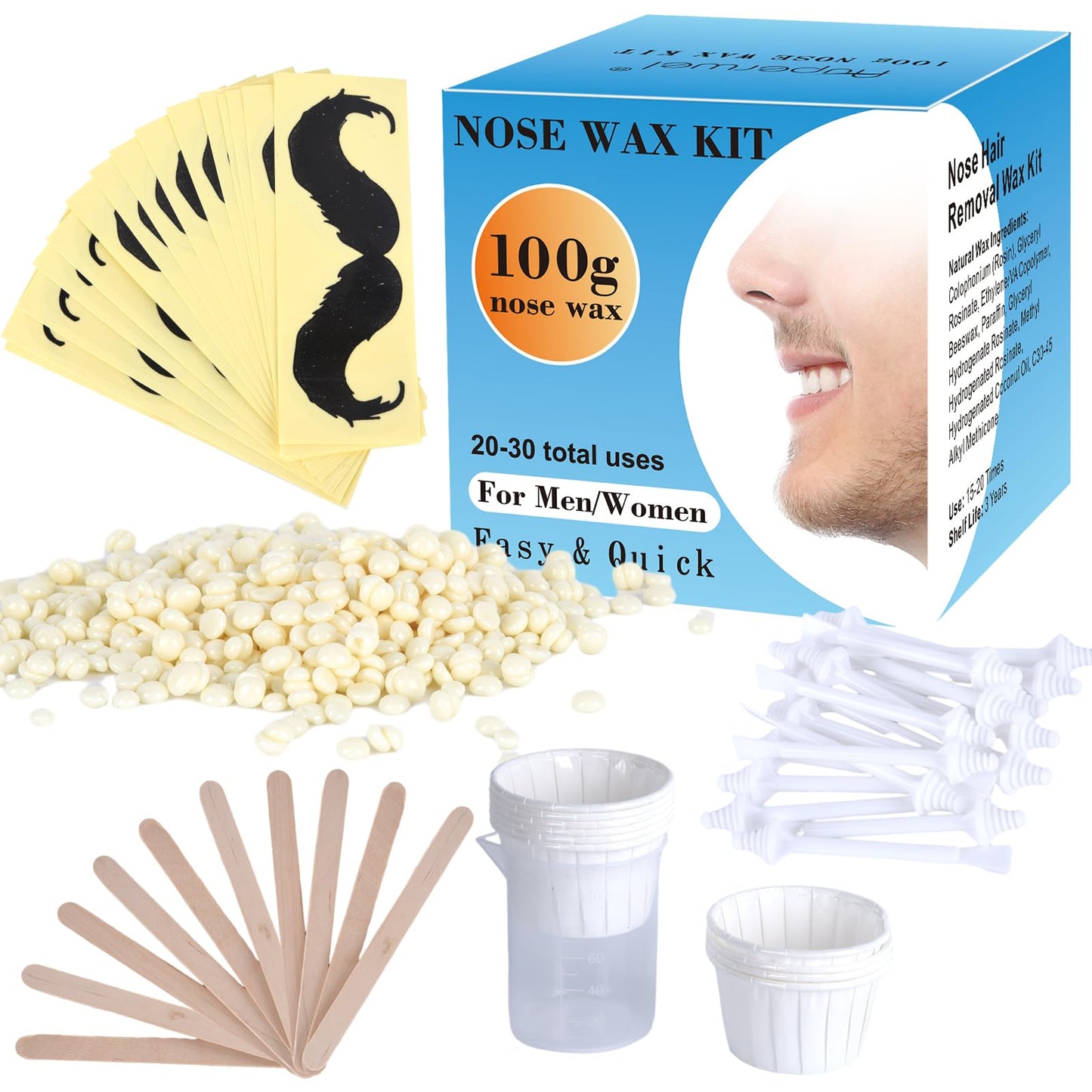 Nose Wax Kit, Auperwel Nose Ear Hair Instant Removal Kits 15-20 Times Usage, Nostril Waxing Kit for Men Women, Safe Easy Quick, 100g Wax, 20 White Stick Applicator, 15 Mustache Guards, 10pcs Paper Cup