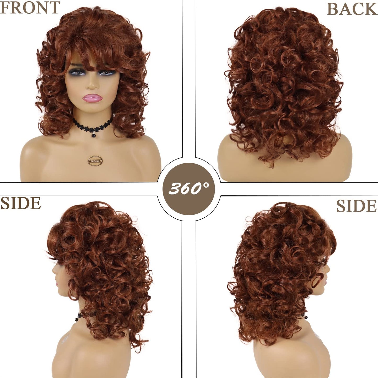 GNIMEGIL Short Curly Wigs for Women Soft Big Curly Auburn Wig with Bangs Afro Kinky Curls Heat Resistant Synthetic Wig for Young Lady Natural Wig