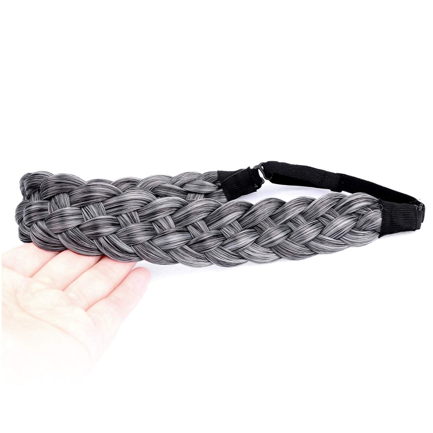 BOBIYA 5 Strands Synthetic Hair Braided Headband Classic Chunky Wide Plaited Braids Elastic Stretch Hairpiece for Women Girl (Dark Gray)