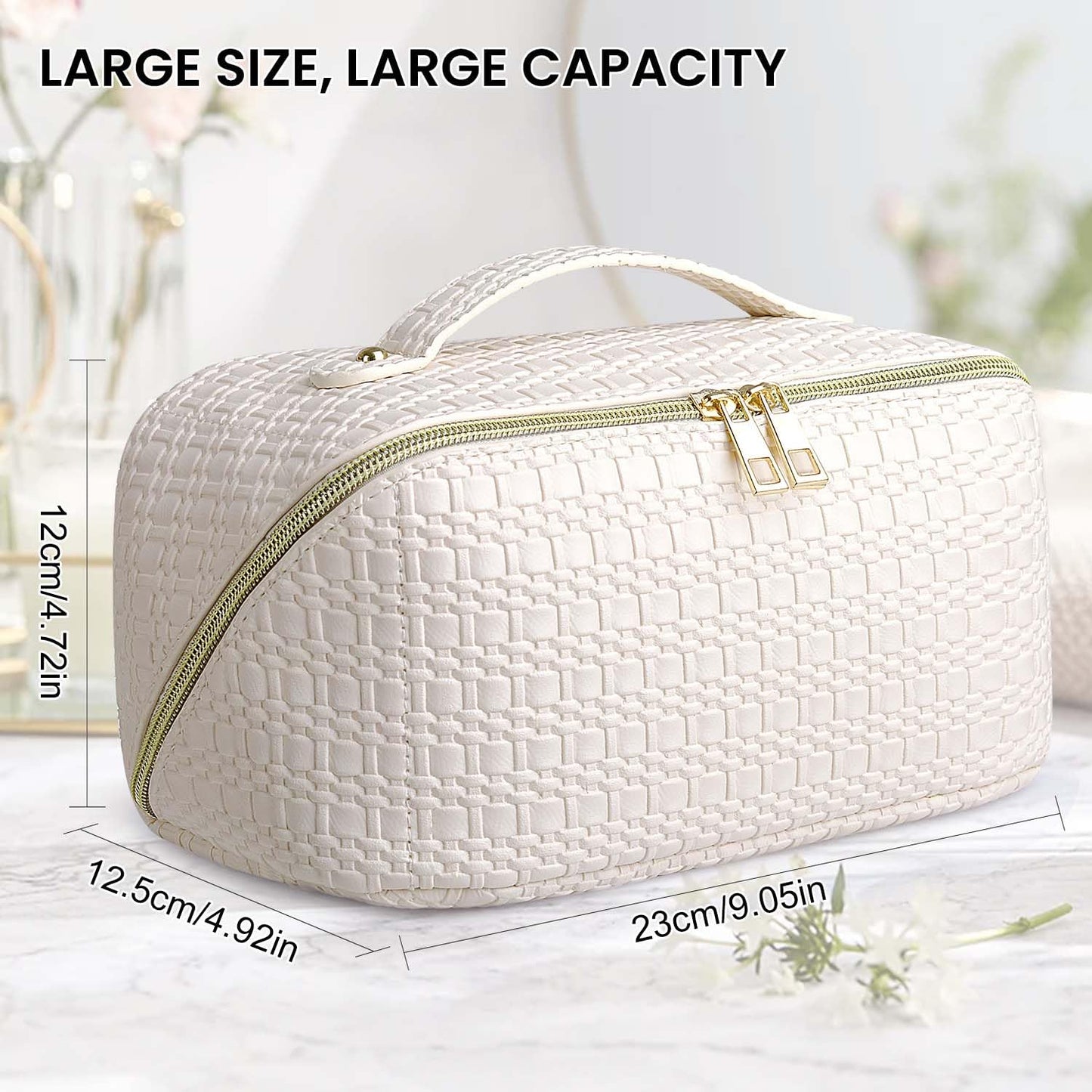 SLUKULU Large Travel Makeup Bag with Multiple Compartments, Waterproof and Easy to Clean. Cute Square Ladies Cosmetics Pouch with Carry Handle for Easy Carrying. (Milk white)