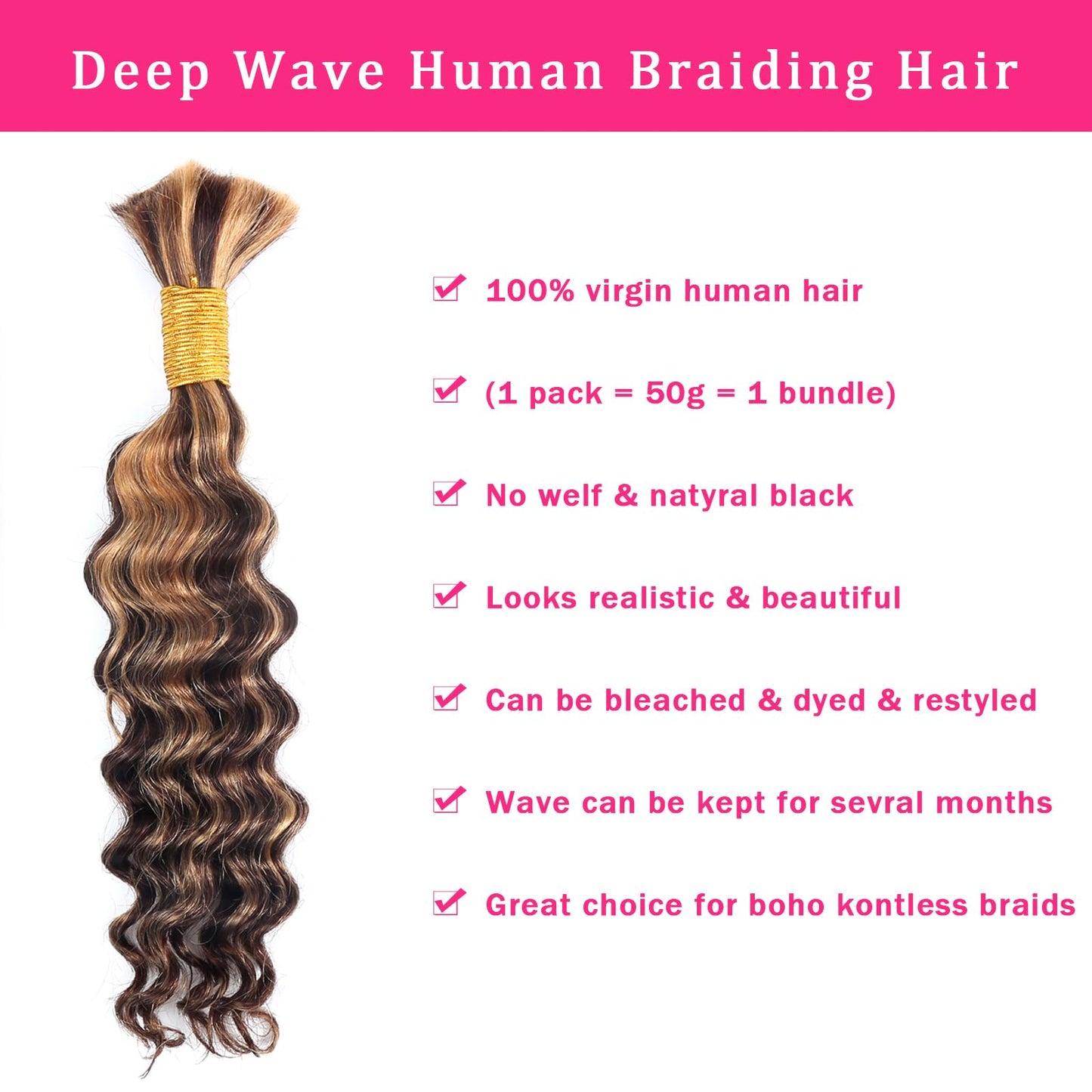 Human Braiding Hair for Boho Braids Highlight Deep Wave Bulk Human Hair for Braiding 20 Inch 1 Bundle 50G P430 Brazilian Wet and Wavy Curly Ombre Human Hair Braiding Hair Extensions No Weft Bundles