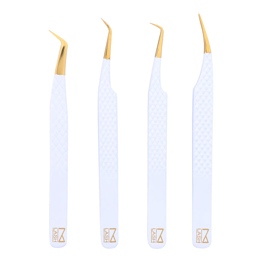 M LASH Eyelash Extension Tweezers (Set of 4) - Professional & Precision Lash Tweezers for Eyelash Extensions - Japanese Steel, Diamond Grip, Fiber Tip V3 (White)