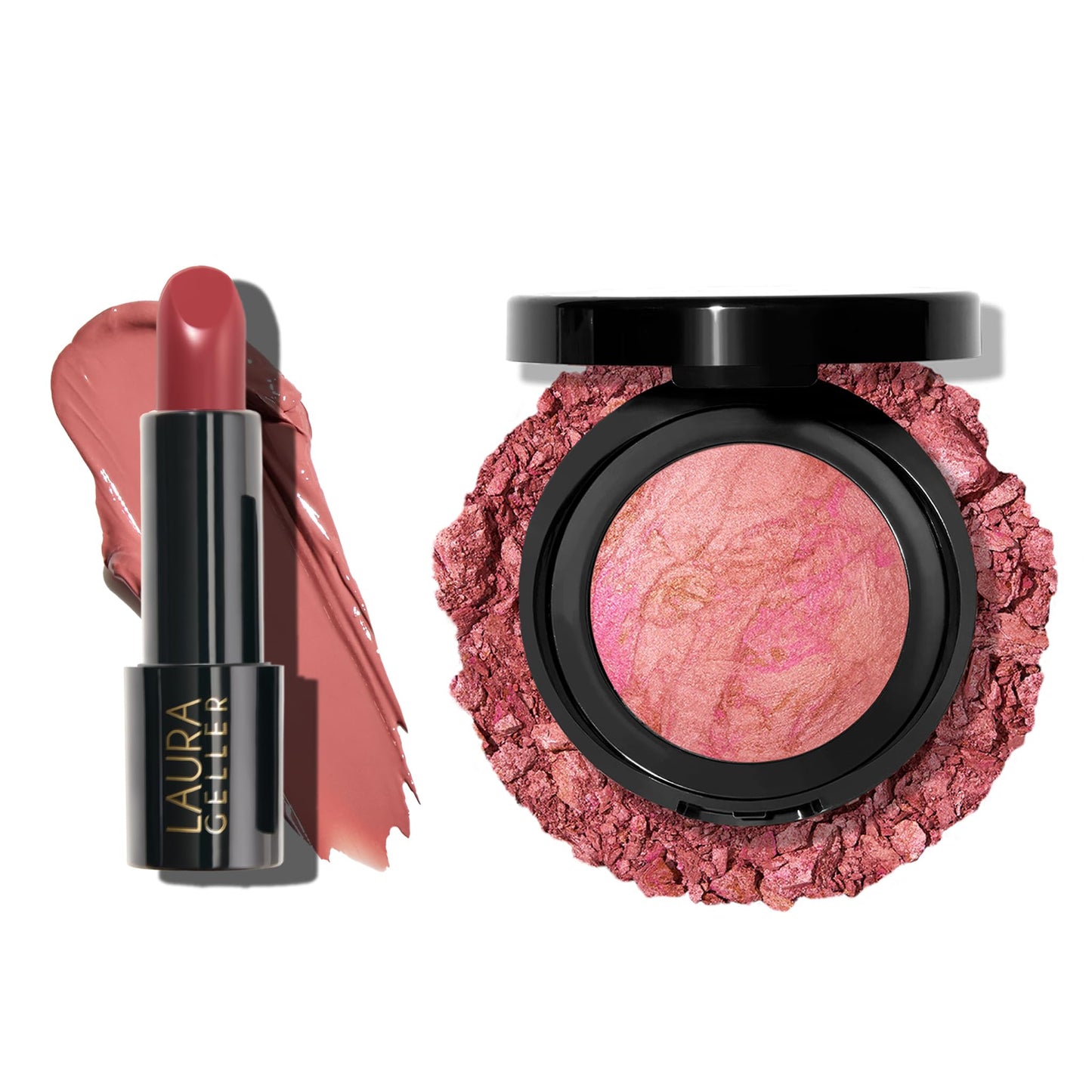 LAURA GELLER NEW YORK Baked Blush-n-Brighten Blush, Pink Buttercream + Modern Classic Cream Lipstick, Pink Passion