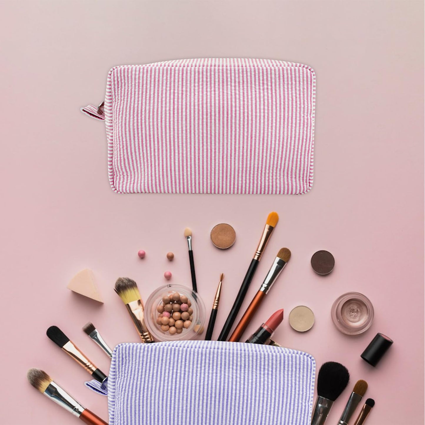 GFU Makeup Bag for Women, 2PCS Cute Cosmetic Bag, Lightweight Toiletry Make up Bag, Large Seersucker Aesthetic Organizer Storage Pouch for Girls, Women and Moms Gifts, Blue&Pink