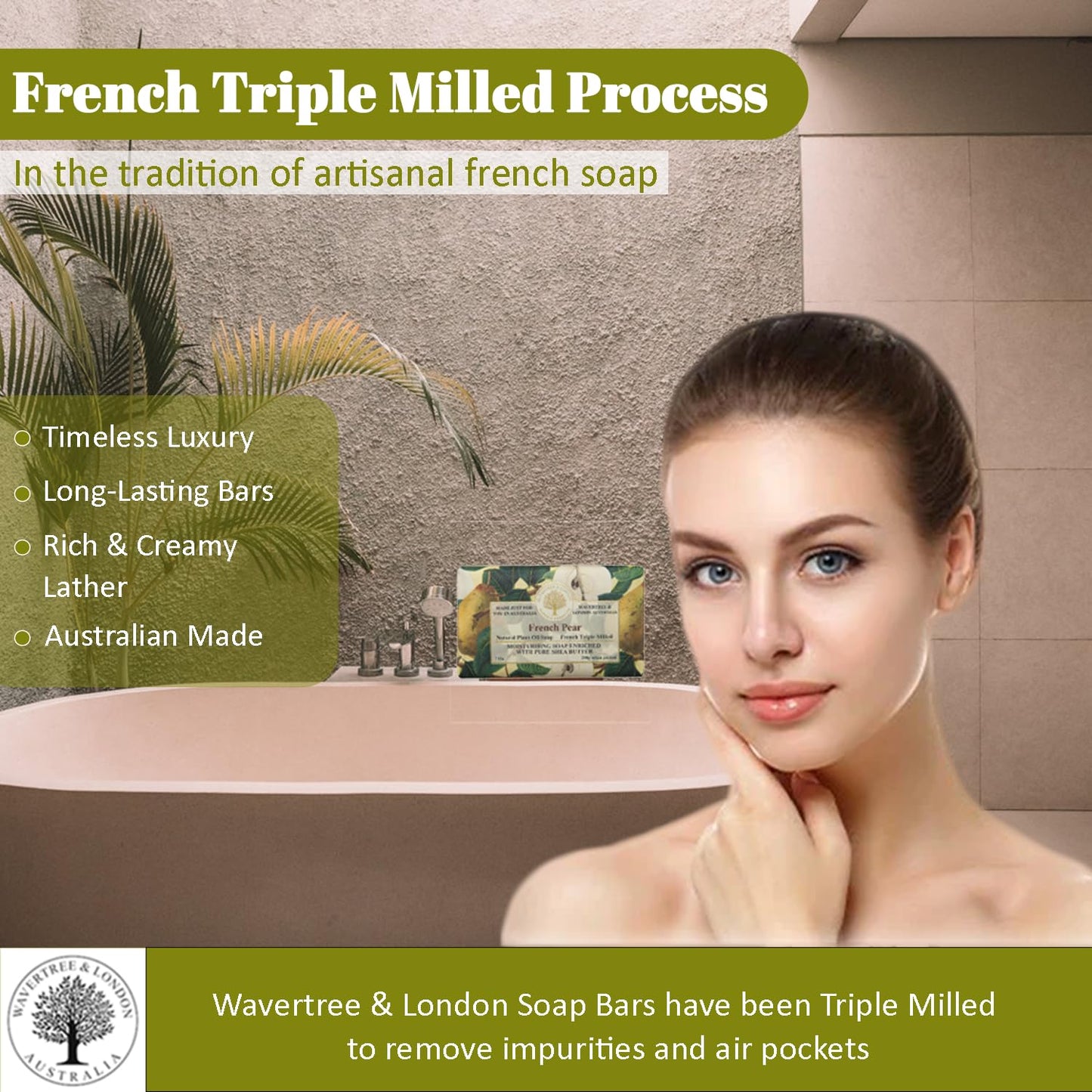 Wavertree & London French Pear Scented Natural Soap (2 Bars), 7oz Moisturizing French Triple Milled Soap Bars enriched with shea butter - Pure Plant Oil Bath & Body Soap for All Skin Types