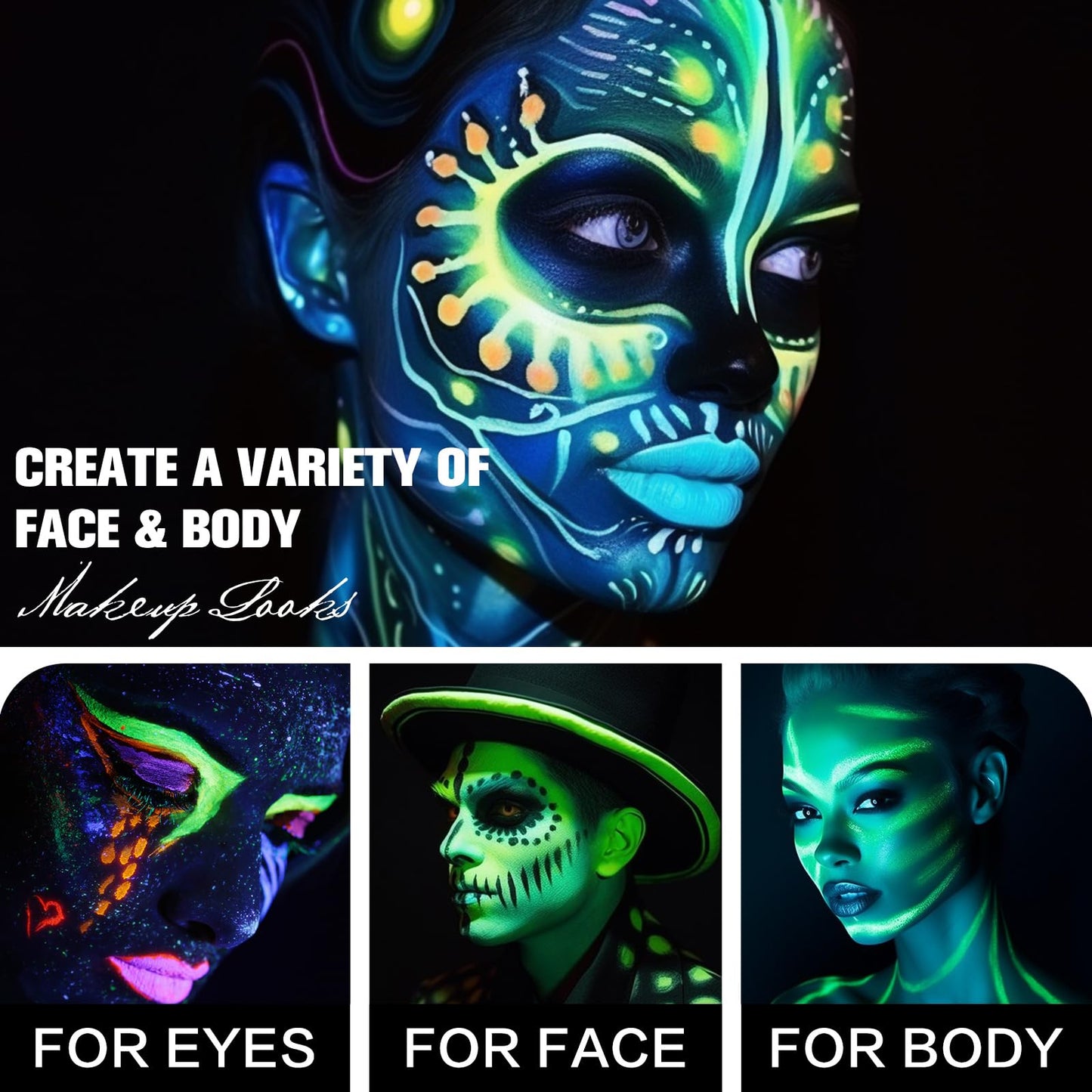 BOBISUKA Neon Green Face Body Paint Stick Water Based Glow In The UV Light Face Painting Kit Eye Black Sticks for Sports Quick Drying Foundation Makeup for Halloween Cosplay SFX Costume Party