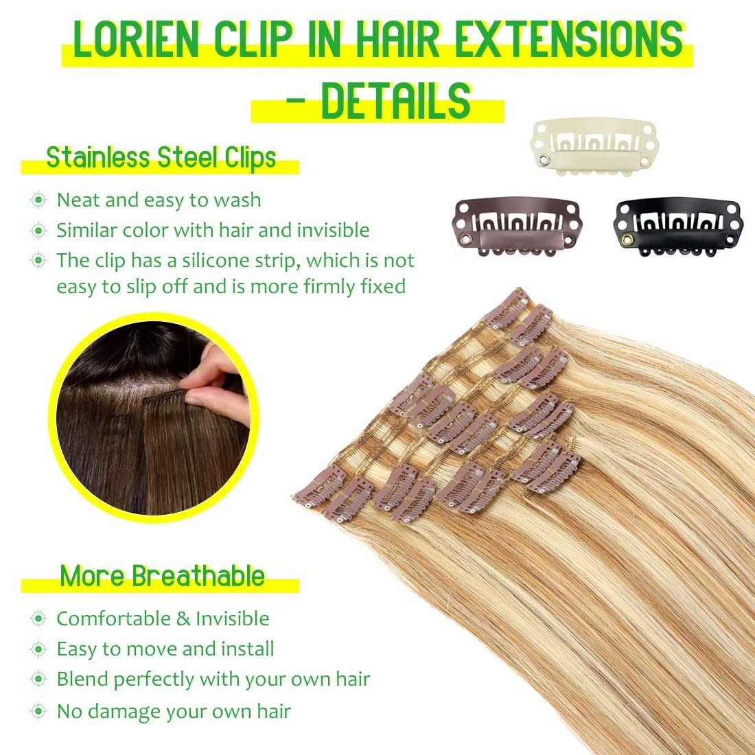 LORIEN Clip in Hair Extensions Real Human Hair 80g Clip in 100% Human Hair Extensions 8pcs Per Set with 18Clips Double Weft (20 Inch, #18p613 Color)