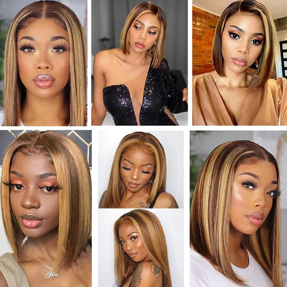 Highlight Lace Front Bob Wig Human Hair Ombre Honey Blonde 13x4 Hd Lace Front Wigs Human Hair Pre Plucked Ombre Brown 4/27 Colored Transparent Glueless Lace Frontal Human Hair Wigs For Black Women