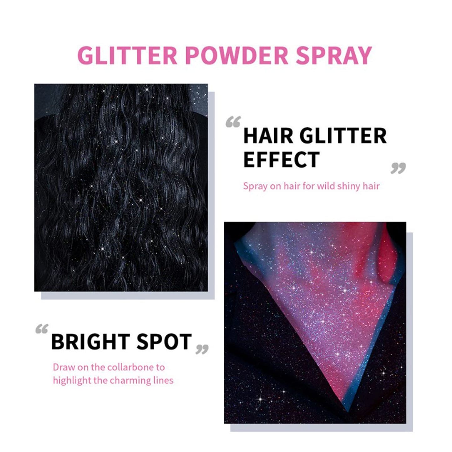 Body Glitter Spray, Joyeee 2pcs Waterproof Glitter Spray Shimmer Glitter Hairspray Long-Lasting Highlight Powder Spray Makeup Glitter for Women Girls Skin Face Hair Body Clothing Nail Art Craft