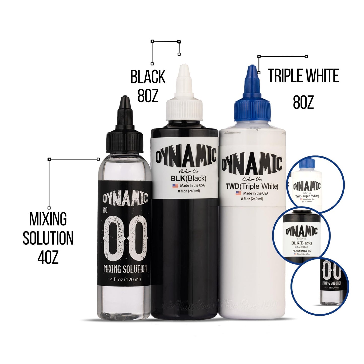 Dynamic Color Co Tattoo Ink Bundle, Dynamic Tattoo Ink 8 oz Black & Triple White, Tinta Dynamic, Dynamic Triple White Tattoo Ink, Tattoo Mixing Solution 4 oz for Tattoo Artists