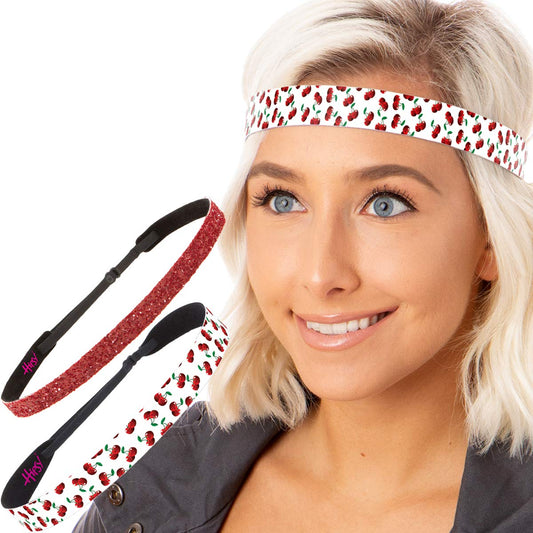 Hipsy Adjustable & No Slip Fashion Headbands for Women Cherry Gift Packs (White & Ruby Glitter)