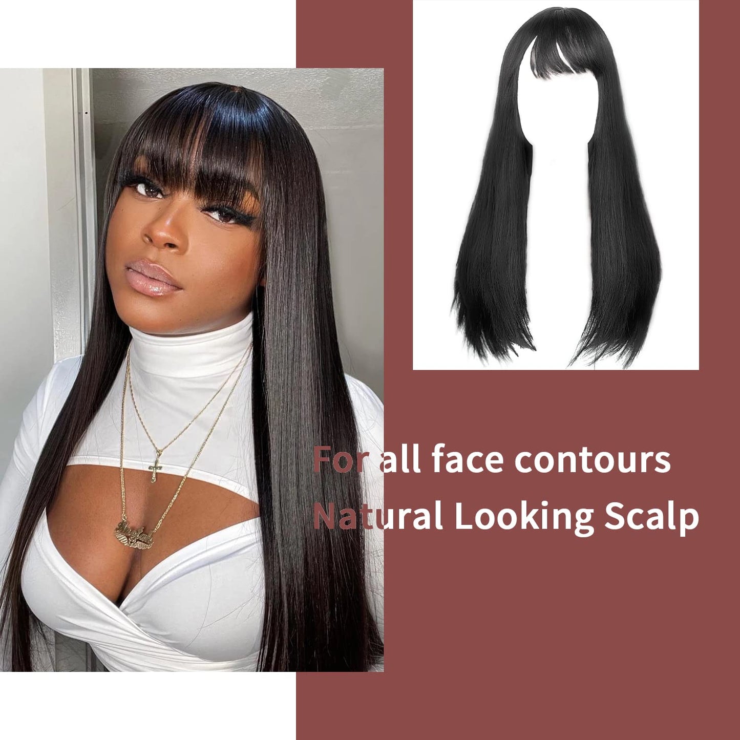 Singolas Long Black Wig with Bangs Straight Wigs for Women High Density Middle Part Black Hair Wigs Synthetic Wigs for Daily Party Use 20’’