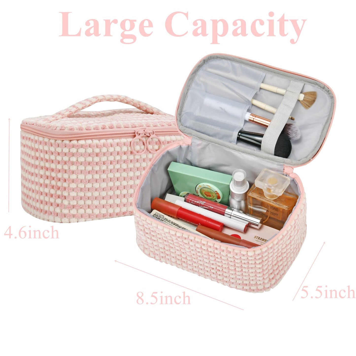 Yunhuy 2PCS Makeup Bag Comfy Cosmetic Bag Set for Women Girls,Large Capacity Travel Makeup Pouch,Toiletry Bag,Portable Makeup Organizer with Double Zipper (Pink)