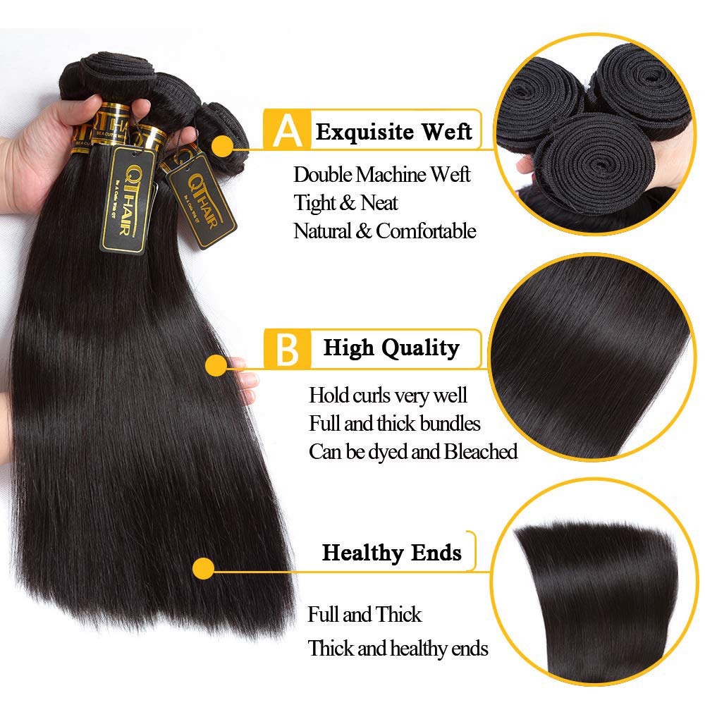 QTHAIR 14A Grade Brazilian Straight Human Hair Bundles With HD Lace Frontal(16 18 20+16in) 13x4 Ear to Ear Lace Frontal 100% Unprocessed Virgin Human Hair Natural Color