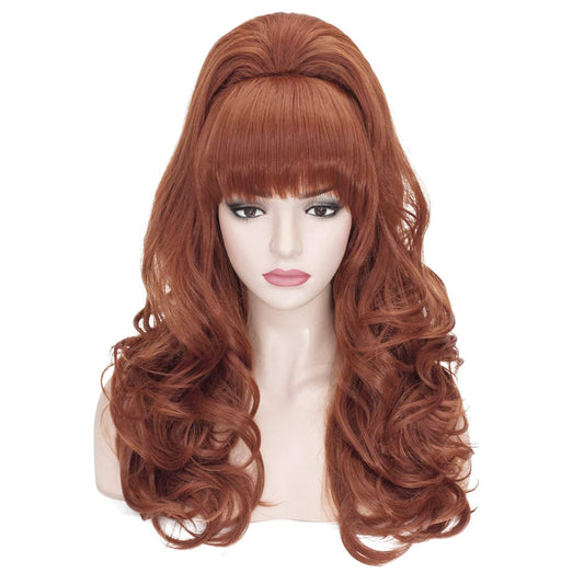 Probeauty Long Wavy Auburn Copper Bouffant Beehive Wigs Big Curly Wave Retro Wigs for Women 70s 80s Costume 23 Inch