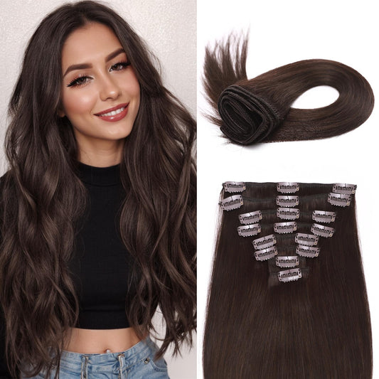 MY-LADY Clip In Hair Extensions Real Human Hair 16 Inch 8pcs Remy Real Hair Extension Clip ins #2 dark brown 90g Silky Straight Full Head Soft Natural Extension