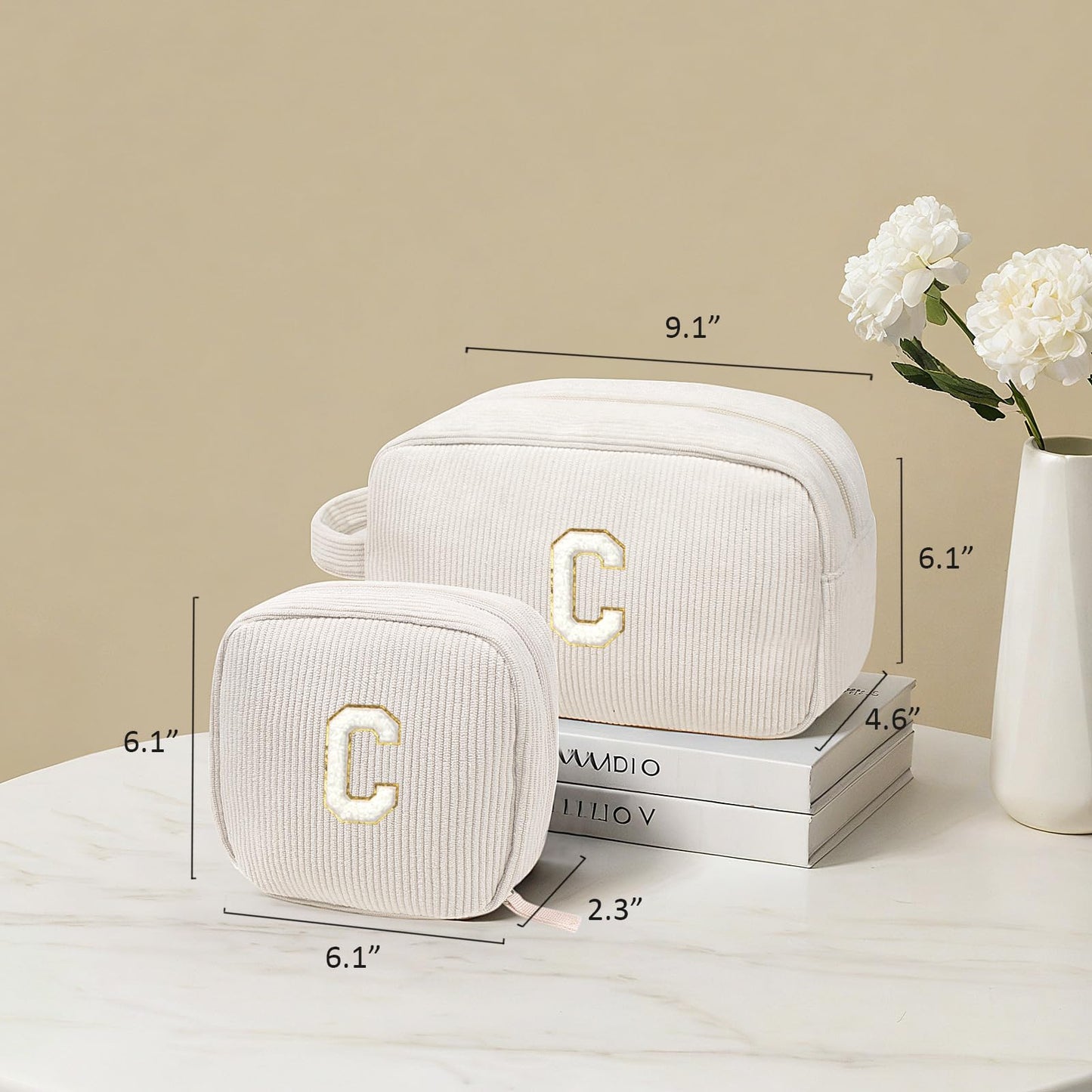 Personalized Initial Makeup Bag, Preppy Patch Makeup Bags Travel Toiletry Bag Zipper Pouch Purse Gifts for Her Mom Sister Teacher Valentine's Day Birthday Gifts for Women Girls (Letter C, 2Pack Beige)