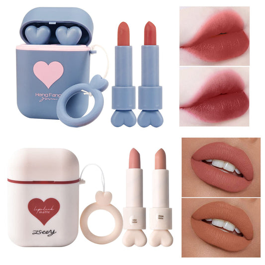 ZSeeY 2Set/Lot Earphone Shape Lipstick Set, Waterproof Long Lasting Velvet Moisturizing lip stain Dual-color Lip Gloss Primer, Non-stick Cup Nude Colors Matte Lips Make Up Gift Kit for Girls