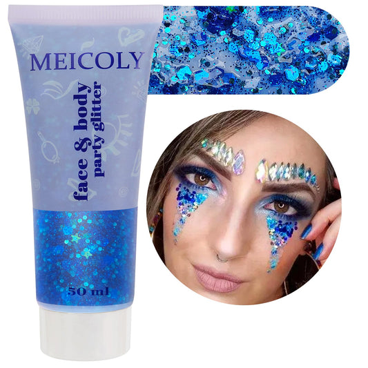 MEICOLY Blue Face Body Glitter,Patriotic Veterans Day Independence Day Sparkle 4th of July Pride Face Paint Makeup,Festival Rave Accessories Sparkling Mermaid Body Glitter Gel for Women,50ml