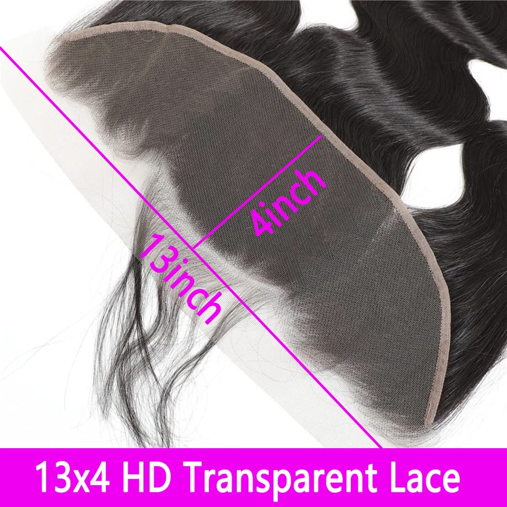 HD Lace Frontal Human Hair Ear To Ear 13x4 Transparent Lace Frontal Closures Body Wave Human Hair With Baby Hair Free Part Pre Plucked Hairline 130% Density Brazilian Human Hair