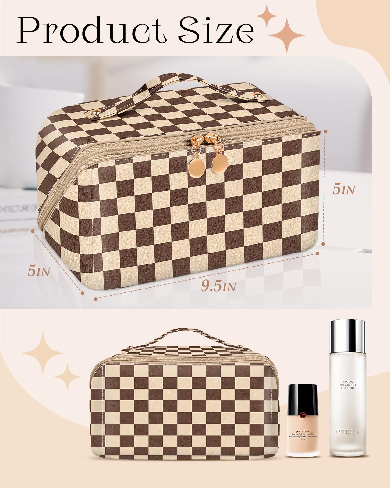 Bistup Makeup Bag Travel Cosmetic Bag Toiletry Make Up Bags Cute Women Large Capacity Big Medium Leather Checkered Plaid Brown Aesthetic Girl Teen Teenage Square Foldable Expandable Open Flat Zip…