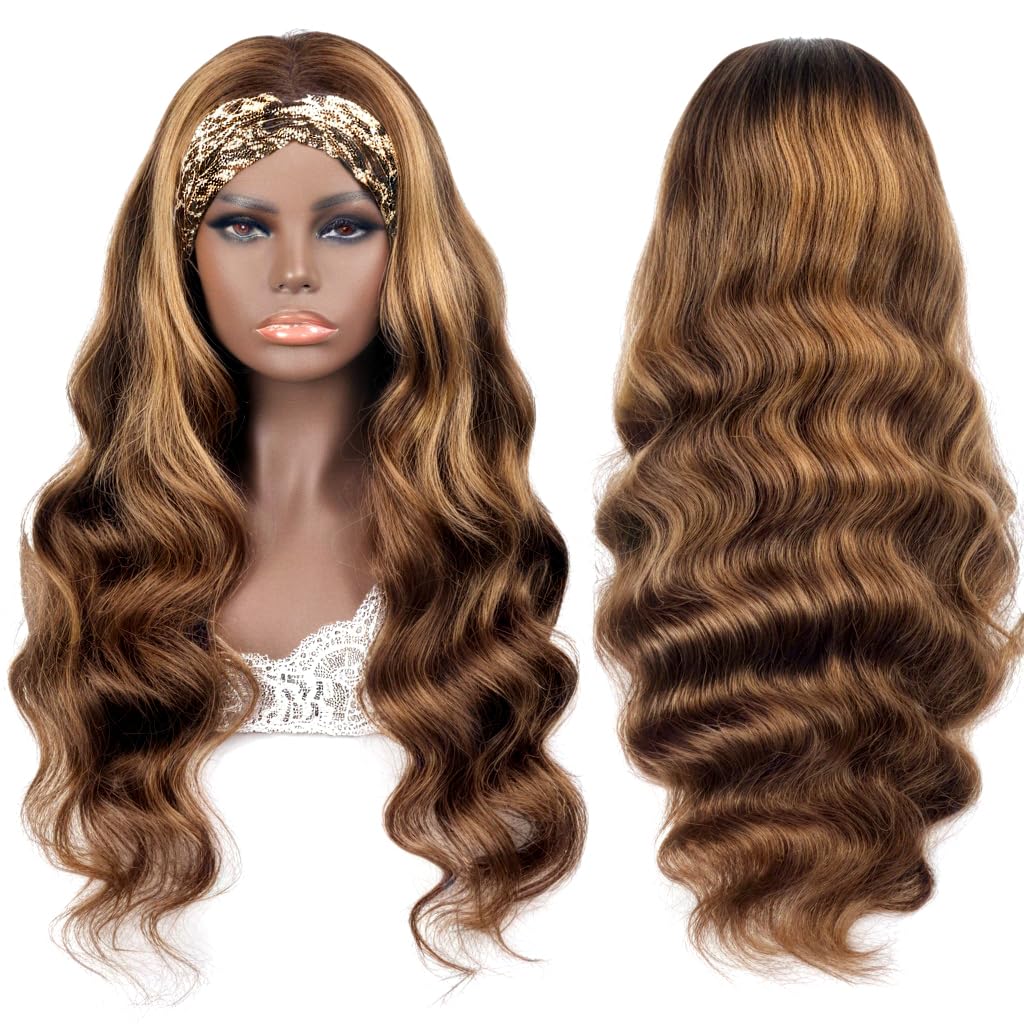 olimaruly Highlight Ombre Headband Wig Human Hair Body Wave Wigs 20 inch None Lace Front Wig Human Hair Glueless Wigs Body Wave Headband Half Wigs for Black Women 150% Density Honey Blonde