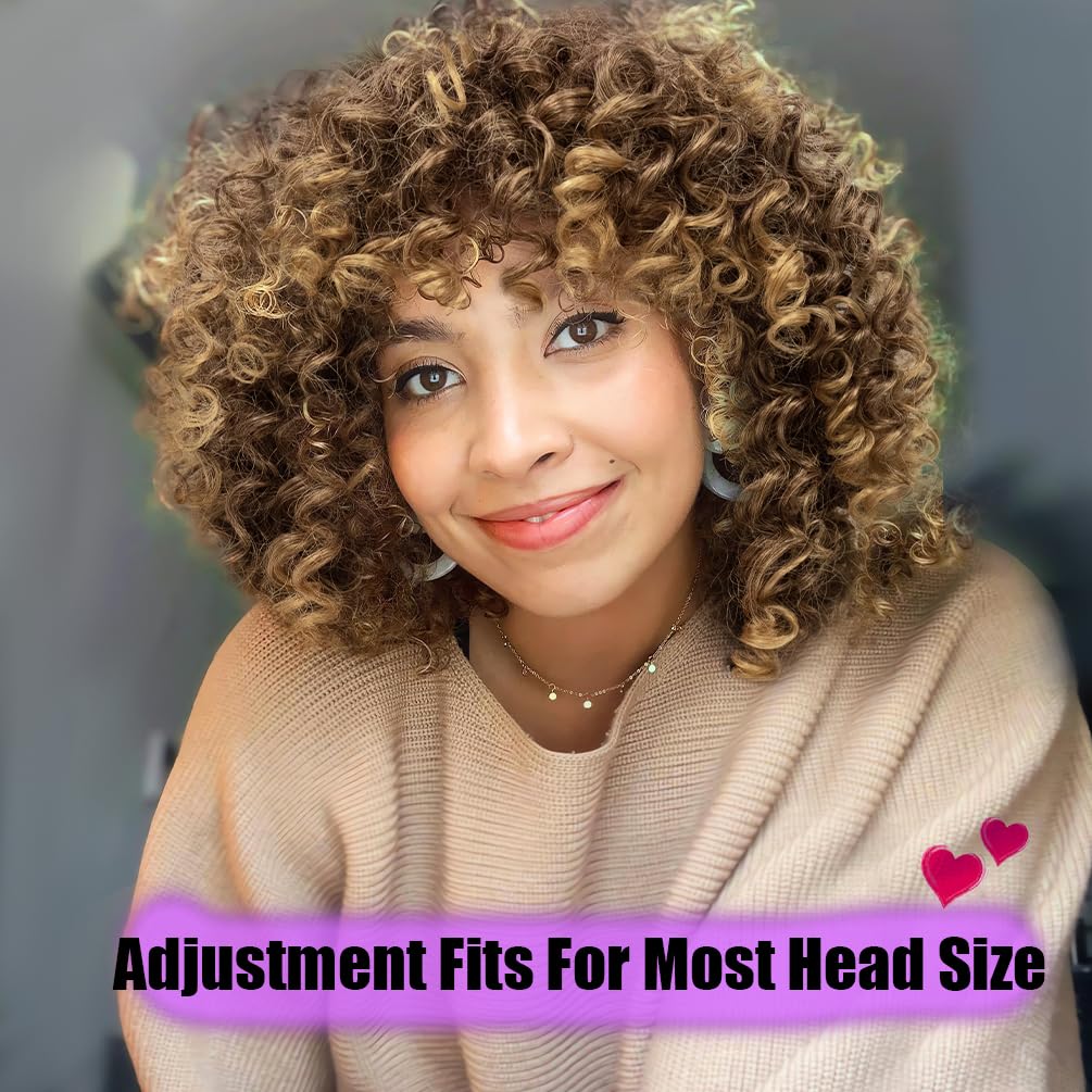 maxknow Curly Wigs for Black Women Fluffy Curly Afro Wig for Women Soft Synthetic Curly Black Wig with Bangs Full Wigs for Women Daily Use (#27H33 Brown Mixed Blonde)