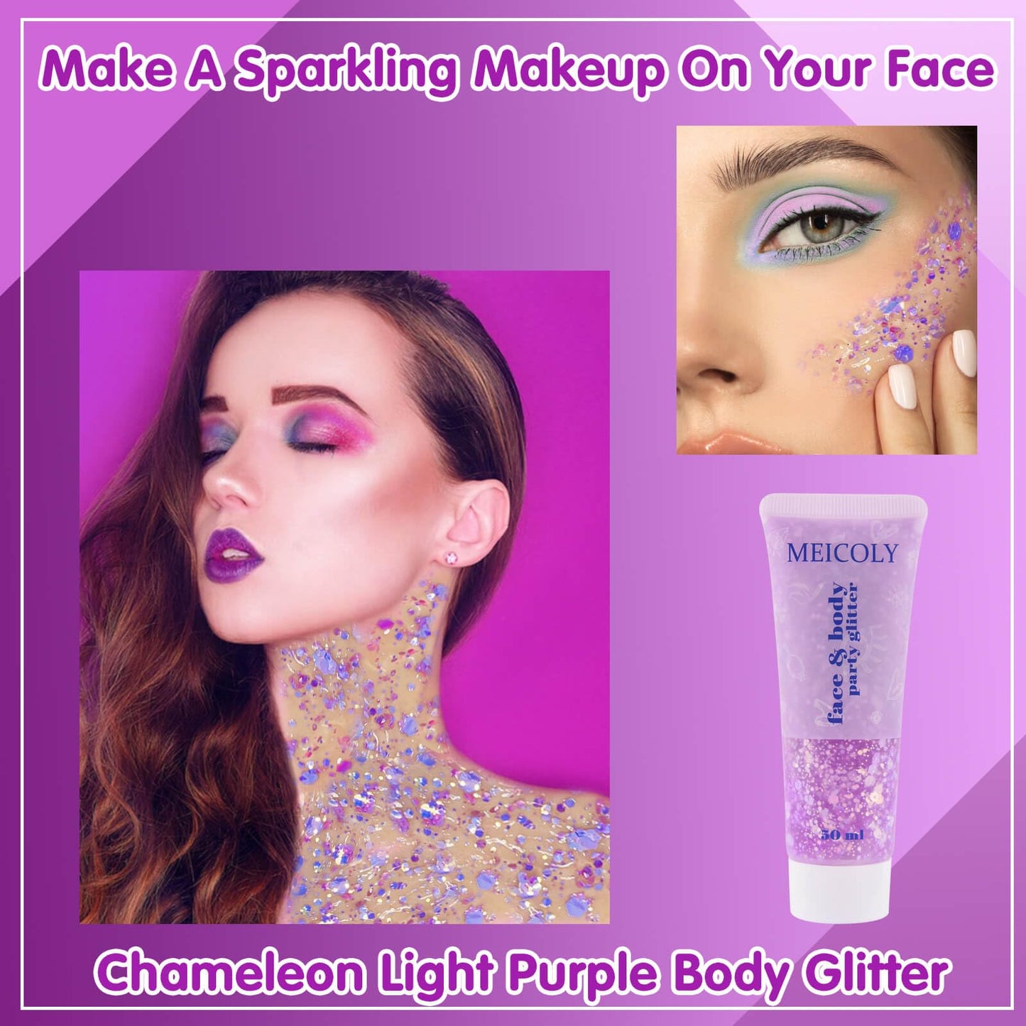 MEICOLY Chameleon Light Purple Body Glitter,Chunky Face Glitter Paint,Color Changing Mermaid Face Glitter Gel,Holographic Glitter Sequin for Face Body Hair,Festival Party Cheer Glitter Makeup,50ml