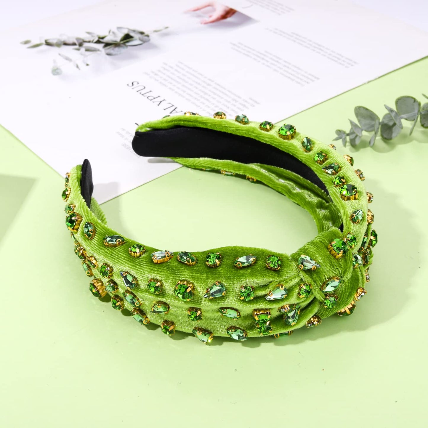 CENAPOG St Patrick's Day Rhinestone Knotted Headband for Women Green Crystal Embellished Hairbands Twist Turban Headband Elastic Wide Velvet Hair Hoop Party Holiday Headwear for Girls (Green)