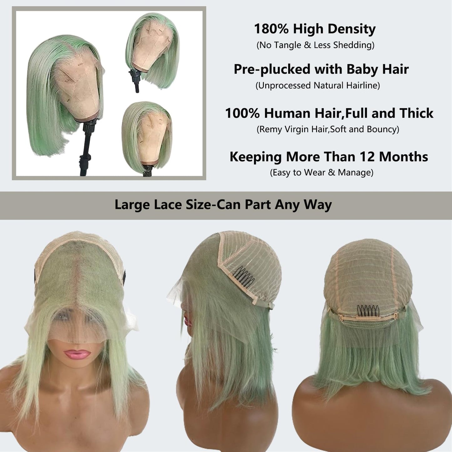 Mint Green Bob Wig Human Hair 10Inch Straight 13x4 HD Transparent Lace Frontal Wig Free Part Wig Short Bob 100% Human Hair Pre Plucked with Baby Hair and Natural Hairline for Women(10Inch,Mint Green)