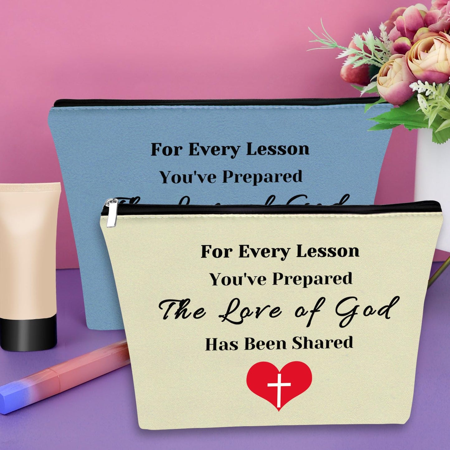 Sunday School Teachers Gift 2PCS Makeup Bag Christian Teacher Appreciation Gifts Cosmetic Bag Religious Teacher Appreciation Gifts Bible Verse Gifts for Women Birthday Christmas Gifts