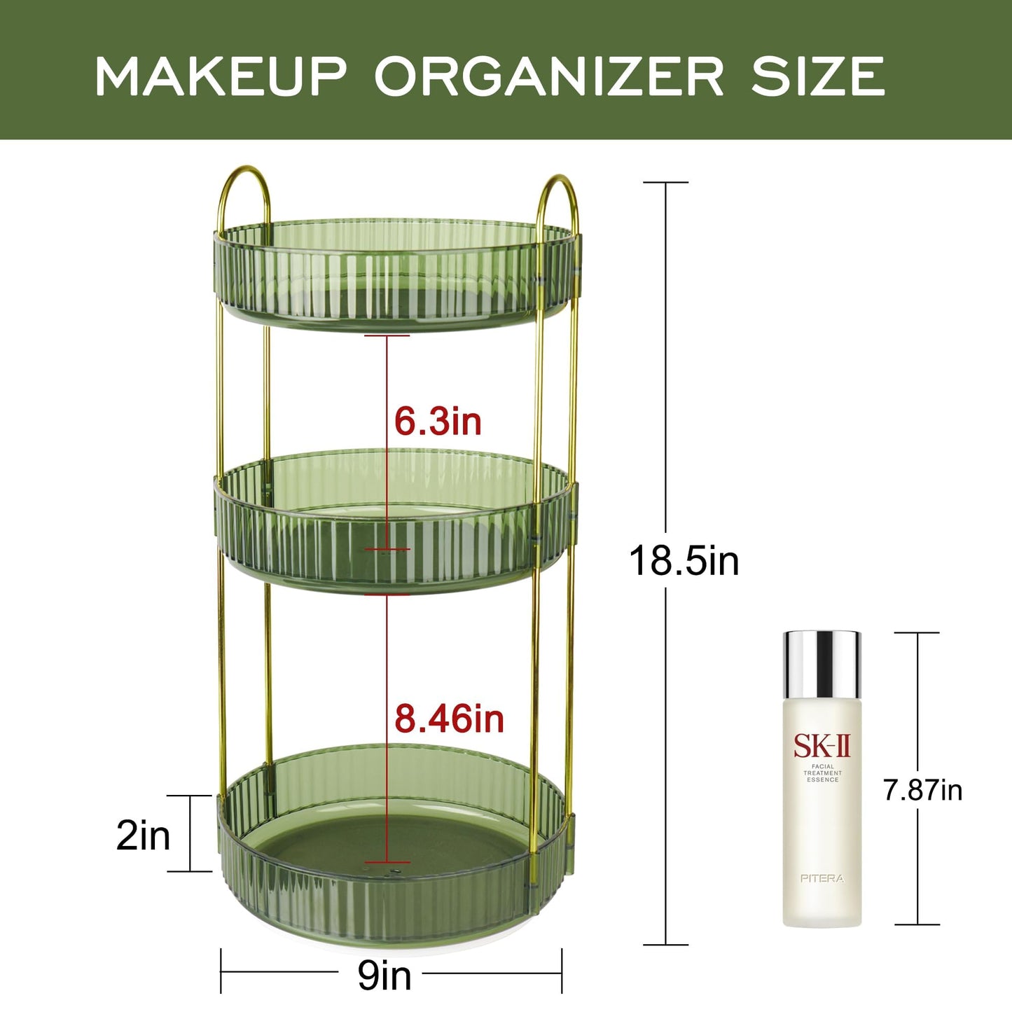 LAIWOO 360° Rotating Makeup Organizer, High-Capacity Perfume Skincare Organizers Cosmetic Dresser Storage Bathroom Countertop Organizer (3 Tiers,Green)