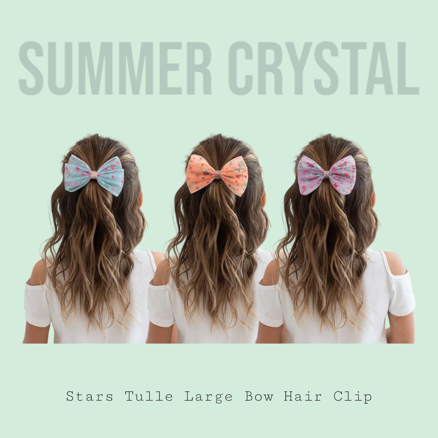 Summer Crystal 3Pcs Stars Tulle Large Bow Hair Clip - For Girls and Women - Ideal Hair Accessory for Birthdays, Daily Wear, Holidays, and Parties (3Pcs Stars Tulle BOP)