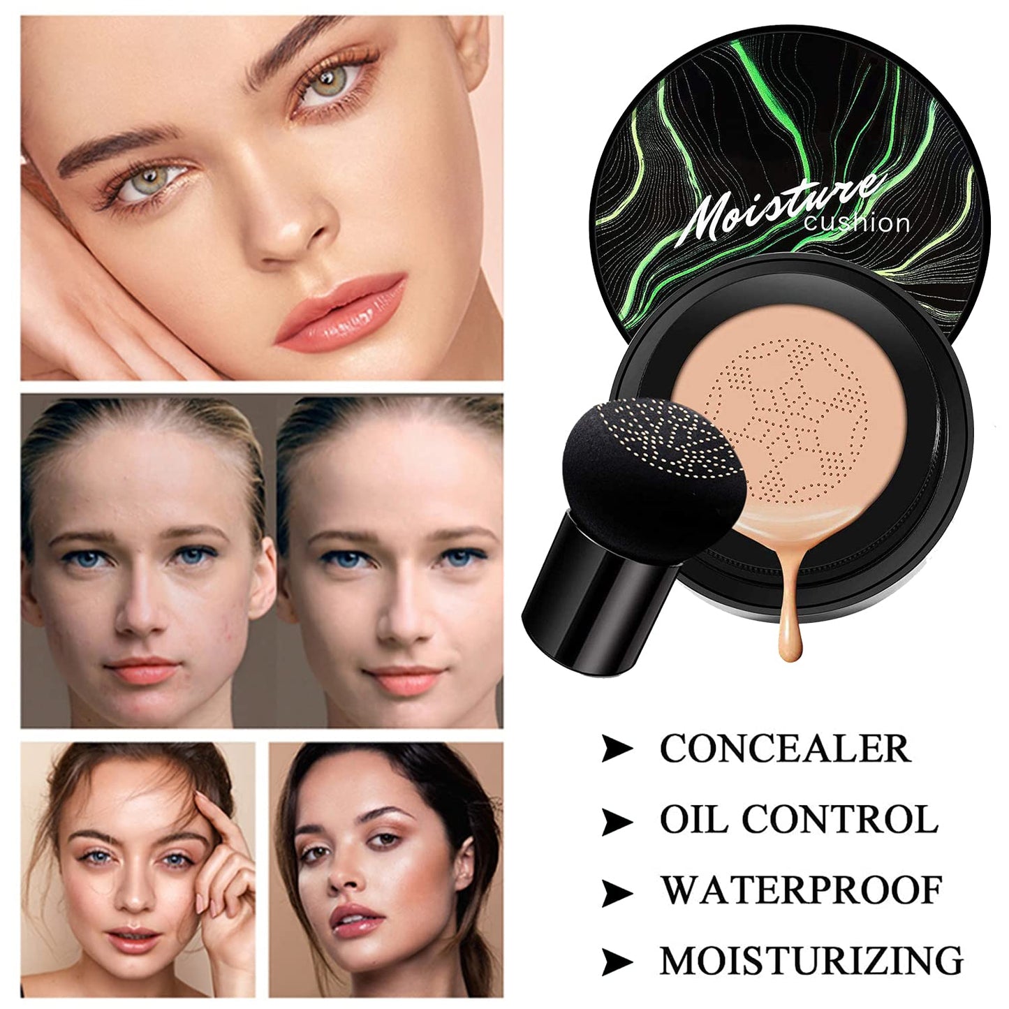 Mushroom Head Air Cushion CC Cream Natural Foundation,Phoera Powder, Bright Makeup Base Long Lasting with Makeup Sponge and Flat Top Kabuki Foundation Brush (#04 Buff Beige)