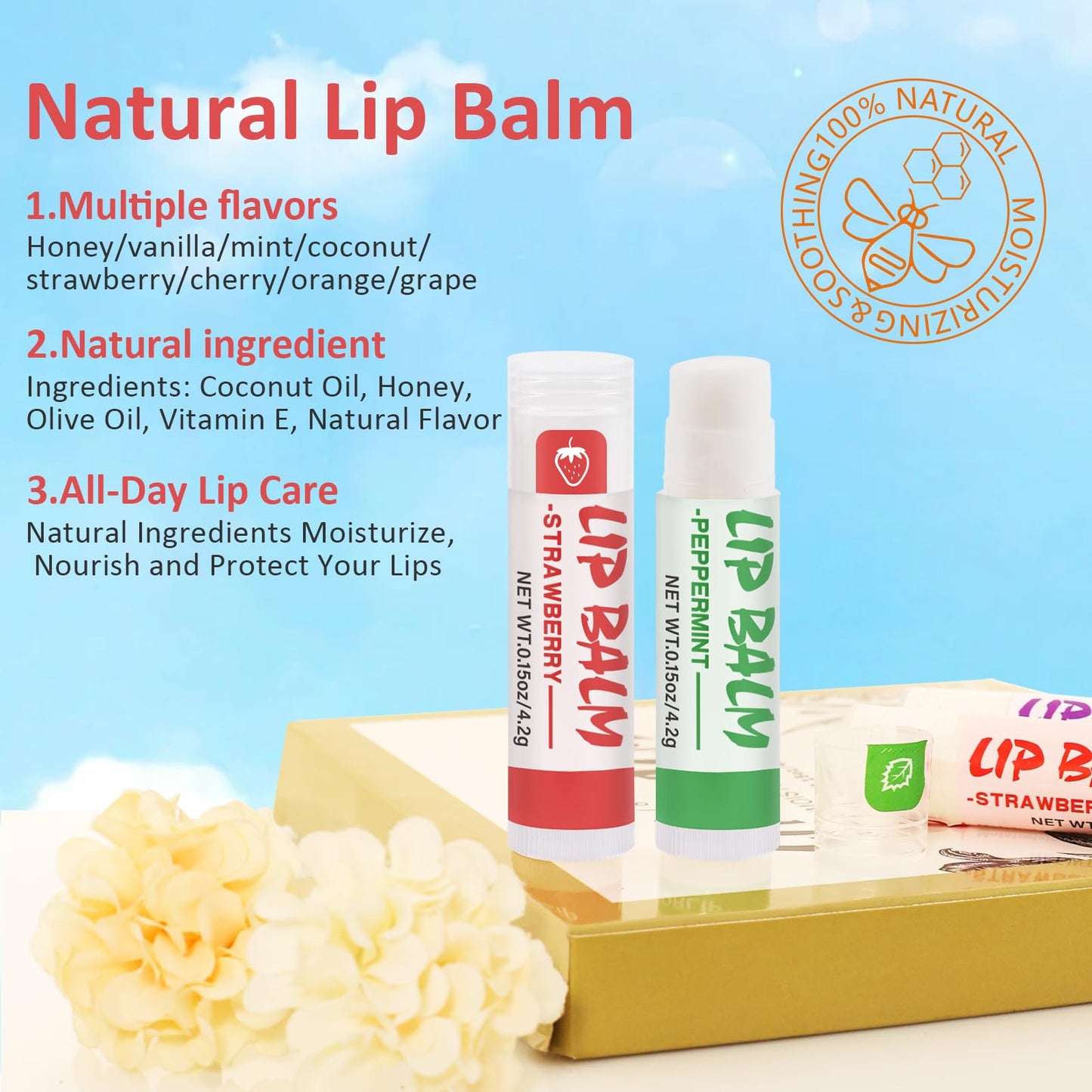 48 Pack Lip Balm, Natural Lip Balm Bulk with Vitamin E and Coconut Oil, Moisturizing Soothing Chapped Lips-8 Flavors