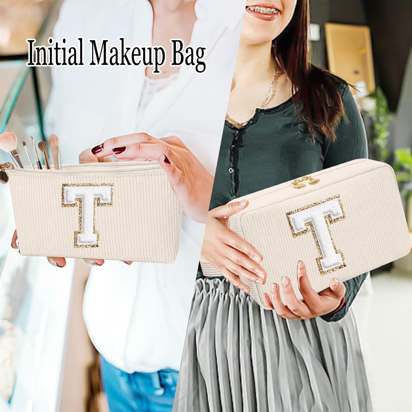 CoolDuffle Initial Makeup Bag Cosmetic Bag, Personalized Gifts Sister Gift Daughter Gifts Girlfriend Gifts, Girls Graduation Congratulations Gifts, Birthday Gifts for Women Beige T