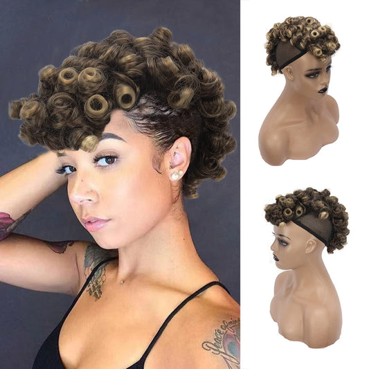 Oseti Short Curly Mohawk Wigs Faux Hawk Hair Clip in Hair Extension for Women Ombre Light Brown Mohawk Ponytail Wig, Deep Wave High Afro Puff Drawstring Ponytail with Bangs Hairpieces for Black Women