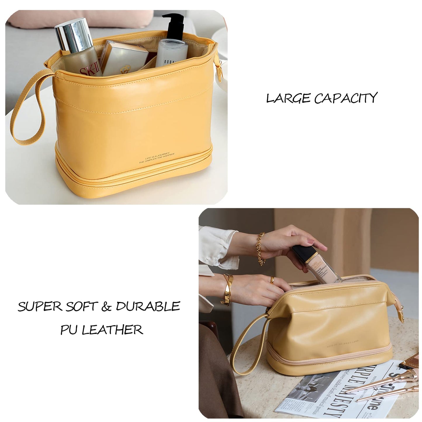 AUSEKALY Makeup Bag Travel Cosmetic Bag Double Layer Leather Toiletry Bag With Brush Bag For Women Girl High Capacity Make Up Bag Portable Waterproof Makeup Pouch Yellow