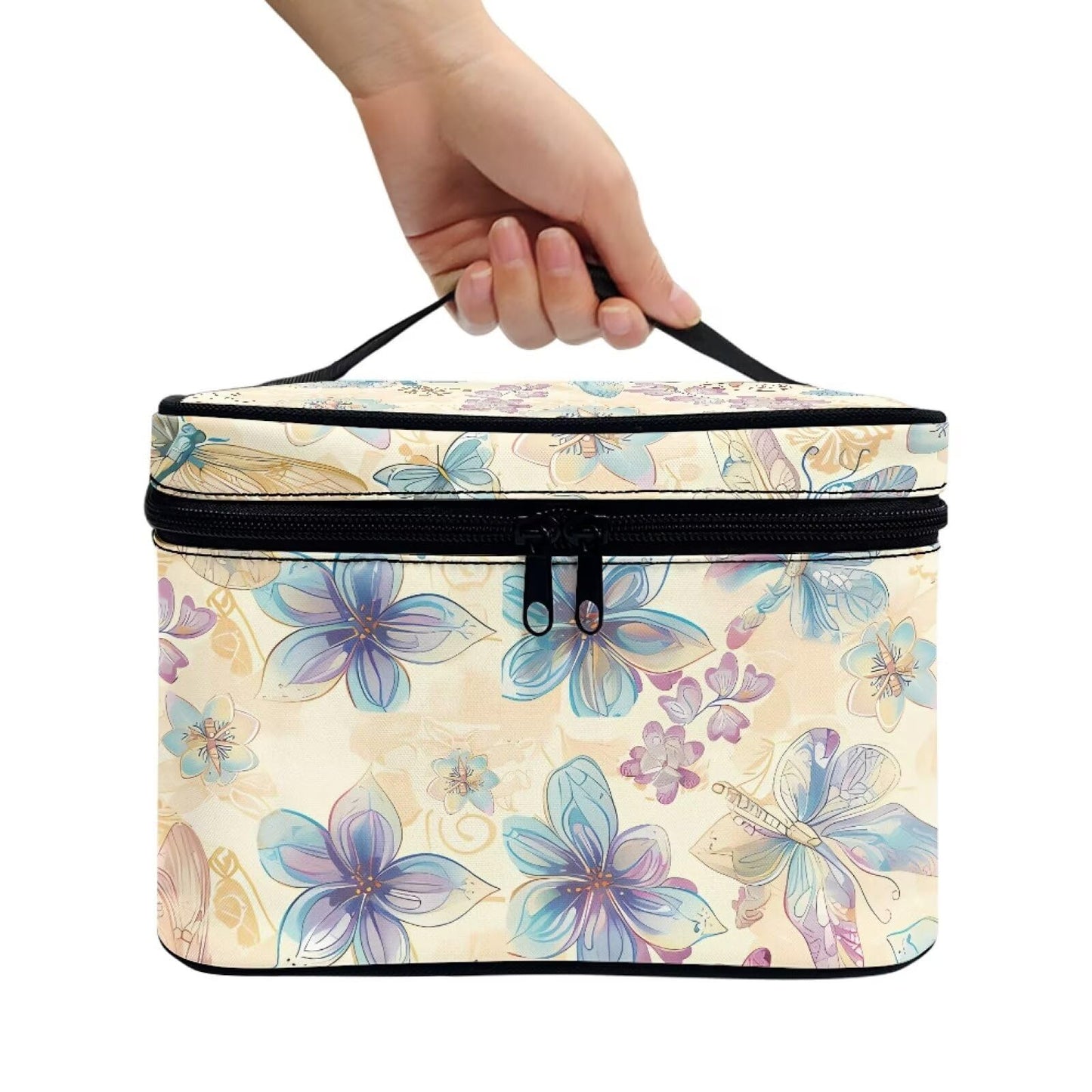 Psaytomey Cosmetic Bags Dragonfly Flower Printed Makeup Organizer Case for Women Ladies Multifunctional Toiletry Bursh Holder Purse Bathroom Receive Bag