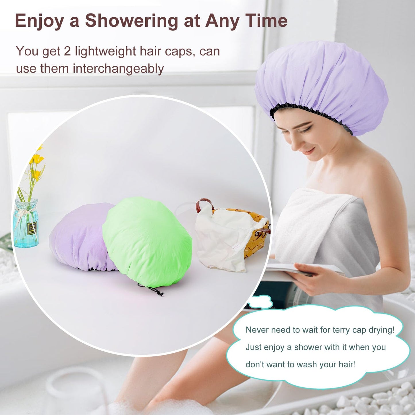 Sheomern 2 Pcs 13.5" Dual Waterproof Design Adjustable Terry Shower Cap for Women and Men, EVA Double Layer Bath Cap Reusable for Braids, Long Hair, Dreadlocks